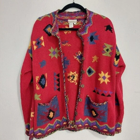 Coldwater Creek Red Southwest Aztec  Geometric Button Down Sweater Jacket Size L - Picture 9 of 9